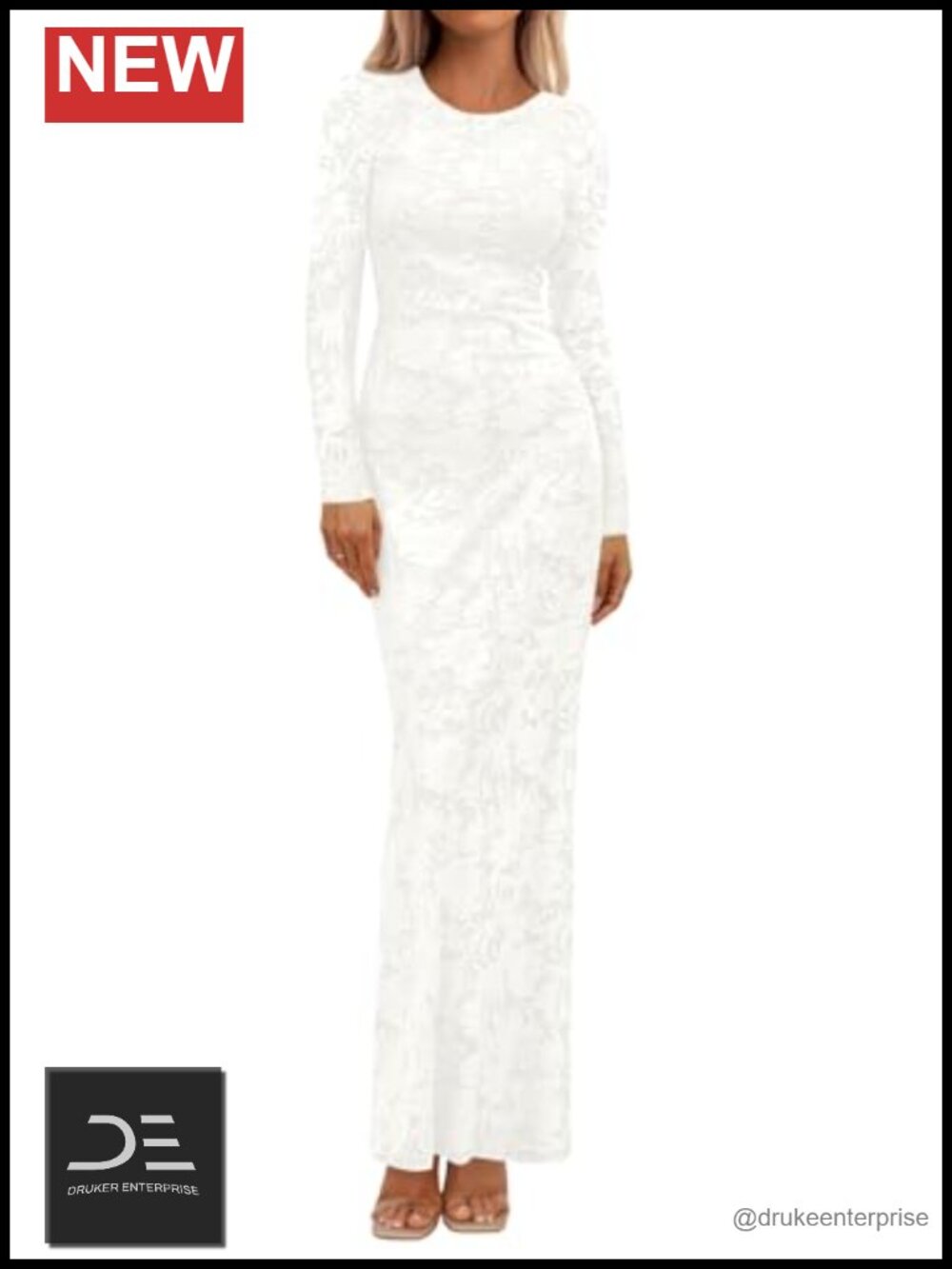 Elegant Floral Lace Ruched Long Sleeve Bodycon Maxi Dress